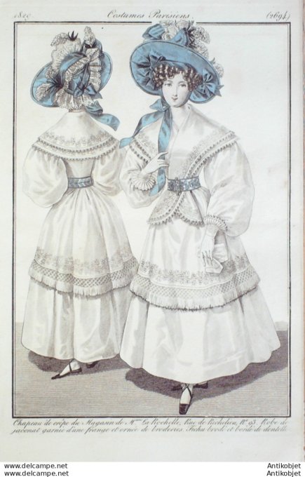 Gravure de mode Costume Parisien 1829 n°2694 Robe de Jaconat frange fichu brodé