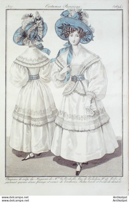 Costume Parisien 1829 # 2694 Robe de Jaconat frange fichu brodé