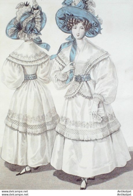 Gravure de mode Costume Parisien 1829 n°2694 Robe de Jaconat frange fichu brodé