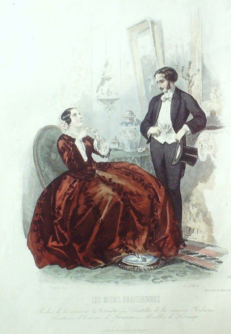 Gravure Les Modes Parisiennes 1851 # 615 R5obe costume Maison Minette