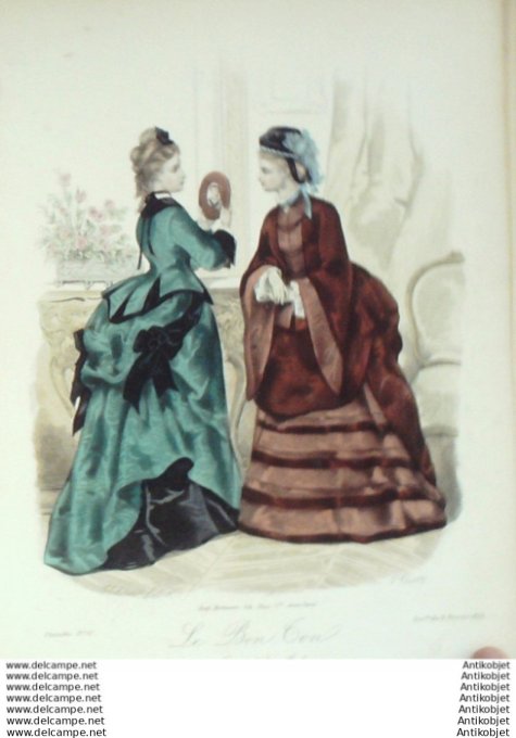 Gravure Mode Le Bon Ton 1873 # 57 (aquarelle old fashion plate)