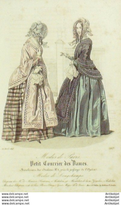 Gravure Mode Courrier des Dames 1843 # 1917 (eau forte old Fashion plate)