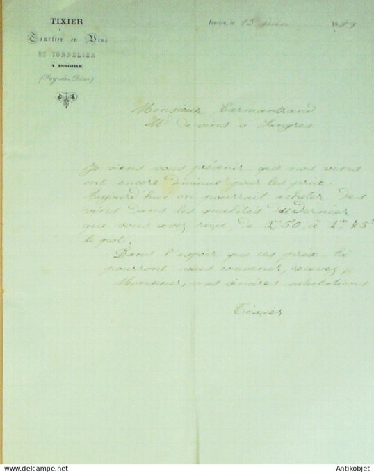 Lettre Ciale Tixier (Vins Tonnelier) 1889 Issoire (63)