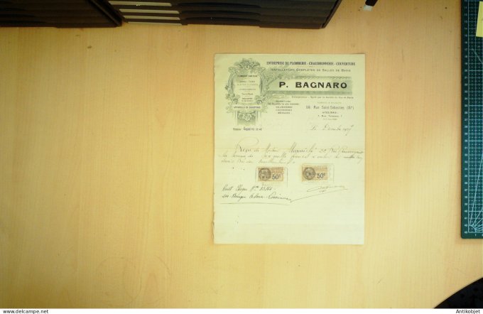 Facture P.Bagnaro (Plomberie Couverture) 1928 à Paris 11