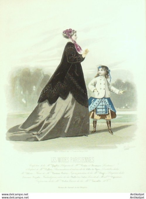 Gravure Les Modes Parisiennes 1865 #1289 Robe satin Maison Cagelin