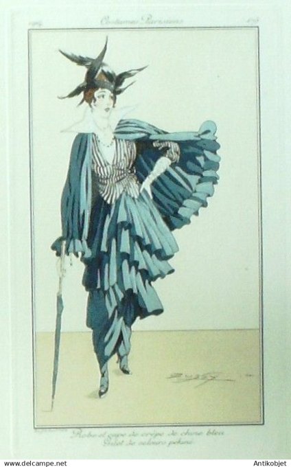 Gravure Costume Parisien 1914 #175 Bussy (eau forte) Robe & Cape de crêpe
