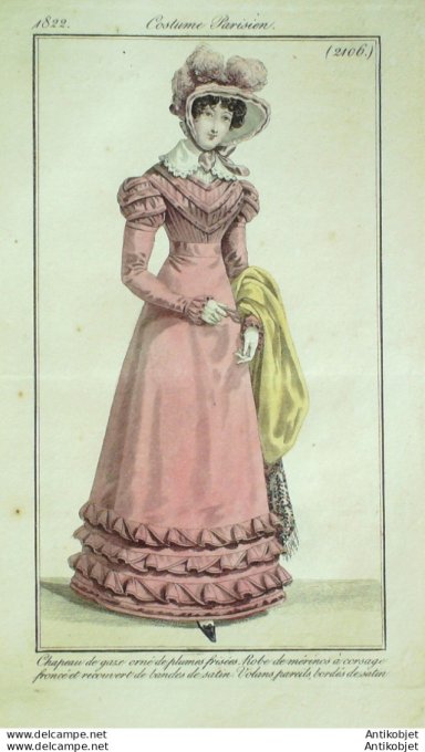 Gravure de mode Costume Parisien 1822 n°2106 Robe de Mérinos à corsage froncé