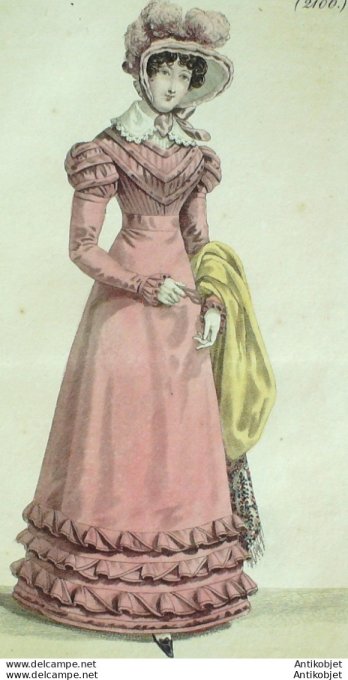Gravure de mode Costume Parisien 1822 n°2106 Robe de Mérinos à corsage froncé