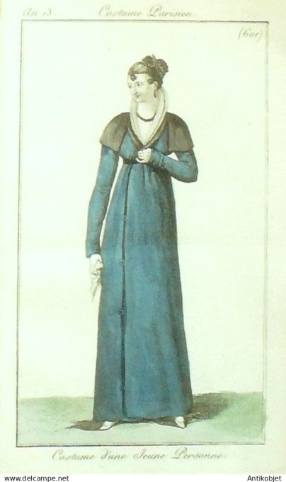 Costume Parisien 1805 an 13 # 601 (eau forte) Costume de demoiselle