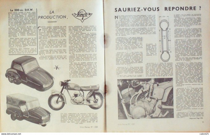 Moto Revue 1955 n° 1222 Sterling 100 moteur Comet Burns Kratmo 50, 200 Dkw Kapi