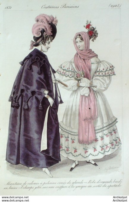 Gravure de mode Costume Parisien 1831 n°2925 Manteau de velours à pélerine