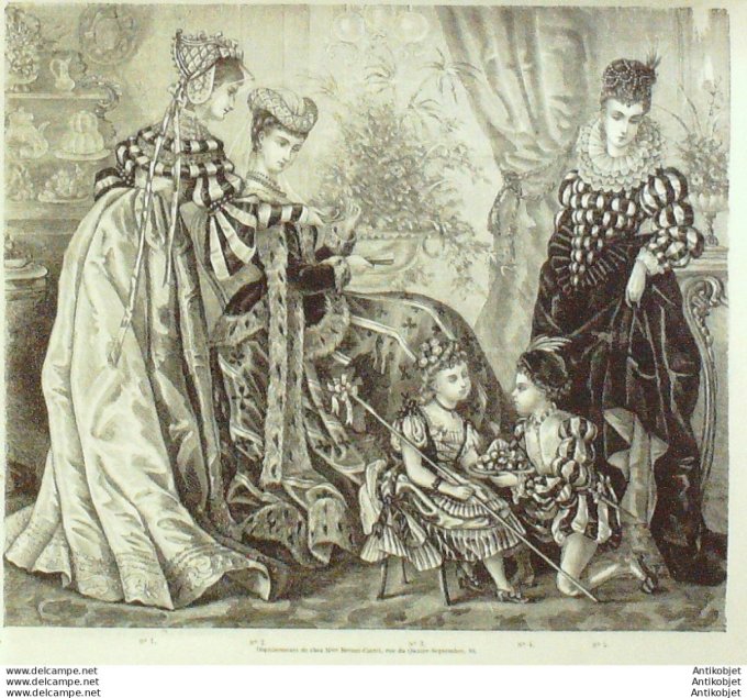 Gravure de mode La Mode illustrée Travestissements (Maison Bréant-Castel)