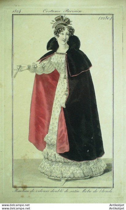 Gravure de mode Costume Parisien 1824 n°2280  Robe de blonde  manteau de velours