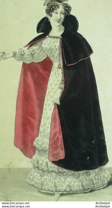 Gravure de mode Costume Parisien 1824 n°2280  Robe de blonde  manteau de velours