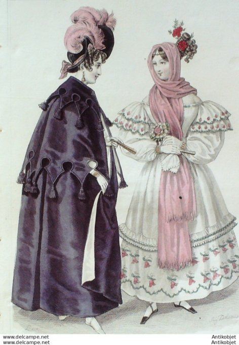 Gravure de mode Costume Parisien 1831 n°2925 Manteau de velours à pélerine