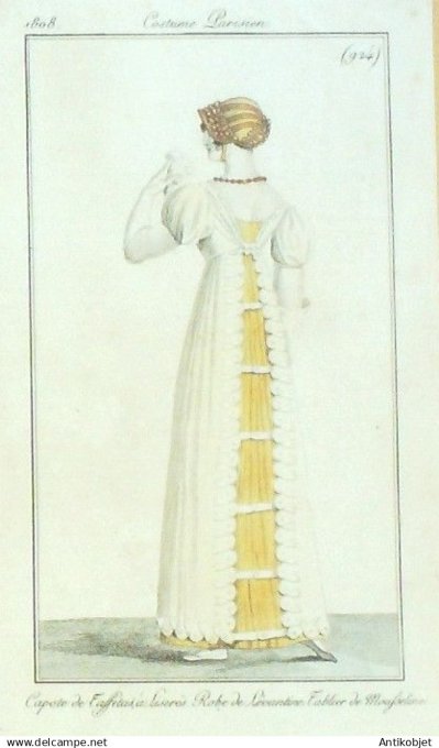 Costume Parisien 1808 # 924 (eau forte) Robe Levantine Tablier mousseline