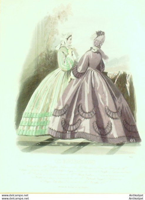 Gravure Les Modes Parisiennes 1862 #1022 Robes satin Maison Gagelin