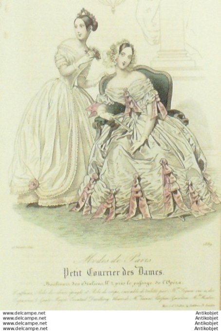 Gravure Mode Courrier des Dames 1842 # 1889 (eau forte old Fashion plate)