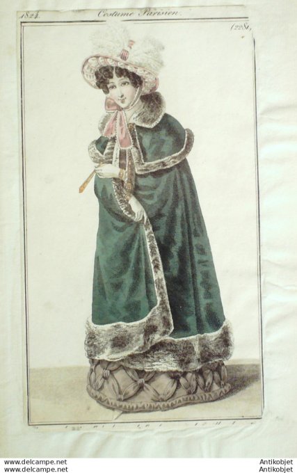 Gravure de mode Costume Parisien 1824 n°2281 Manteau velours doublé de fourrure