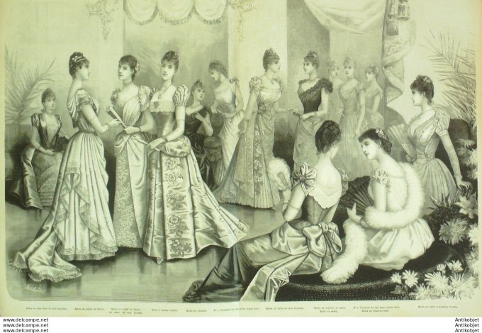 Gravure de mode La Mode illustrée (Maison Coussinet) Tenues de soirées