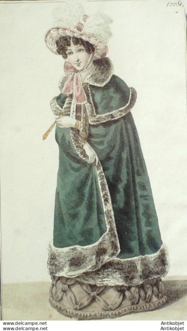 Gravure de mode Costume Parisien 1824 n°2281 Manteau velours doublé de fourrure