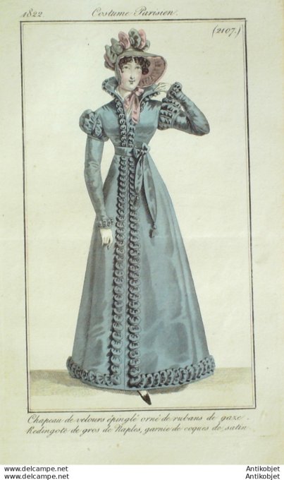 Gravure de mode Costume Parisien 1822 n°2107 Redingote gros de Naples coques