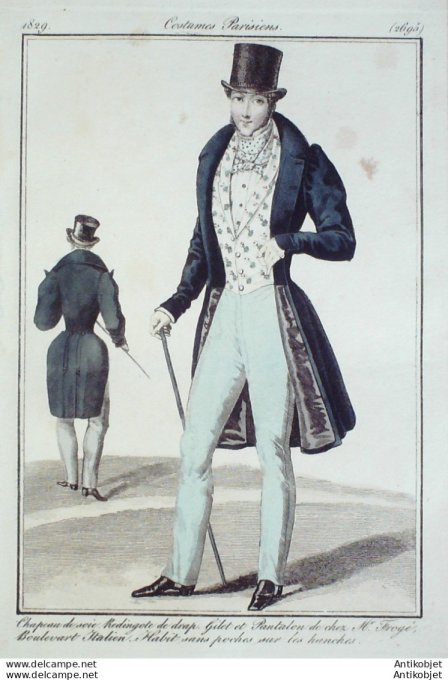 Gravure de mode Costume Parisien 1829 n°2695 Redingote de drap homme gilet