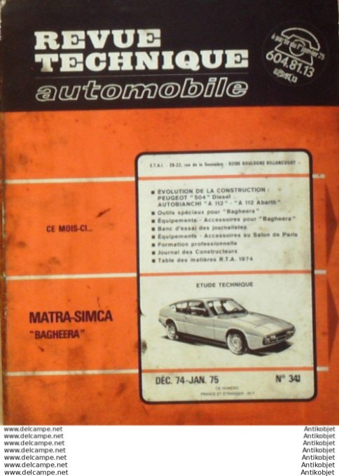 R.T Automobile Matra Simca Bagheera Autobianchi A112   # 341