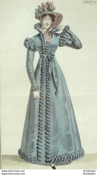 Gravure de mode Costume Parisien 1822 n°2107 Redingote gros de Naples coques