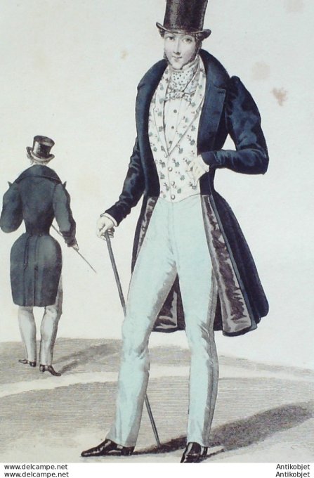 Gravure de mode Costume Parisien 1829 n°2695 Redingote de drap homme gilet