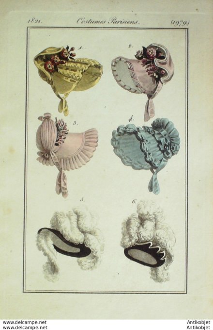Costume Parisien 1821 # 1979 Chapeaaux satin toques casques