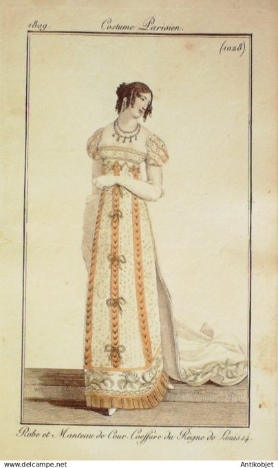 Costume Parisien 1809 #1028 (eau forte) Robe & manteau de cour