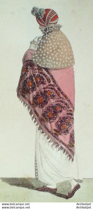 Gravure de mode Costume Parisien 1810 n°1043 Pélerine de poil