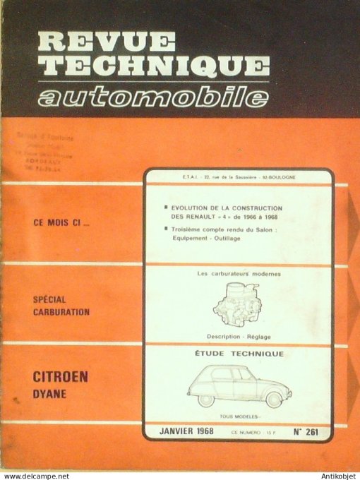 Revue Tech. Automobile 1968 n°261 Citroen Dyane Renault 4