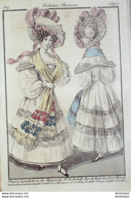 Gravure de mode Costume Parisien 1829 n°2696 Robe mousseline ornée de remplis