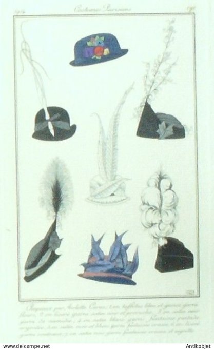 Gravure Costume Parisien 1914 #171 Carus Arlette (eau forte) Chapeaux