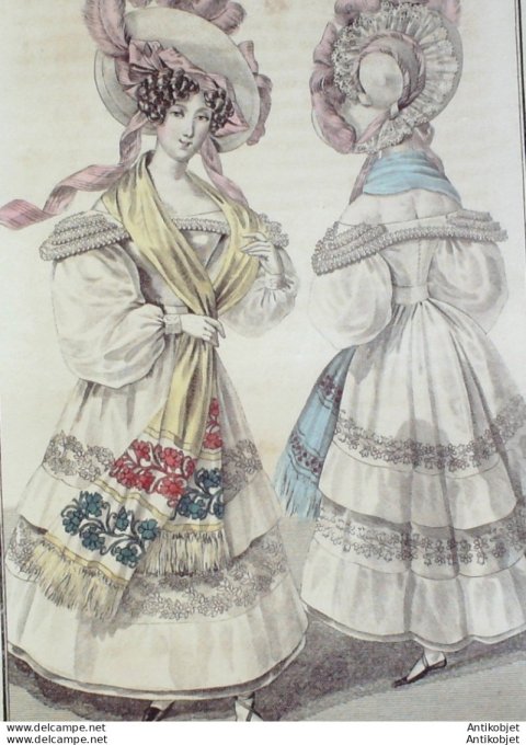 Gravure de mode Costume Parisien 1829 n°2696 Robe mousseline ornée de remplis