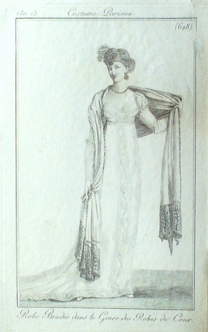Gravure Mode Costume Parisien 1805 an 13 # 628 (eau forte old Fashion plate
