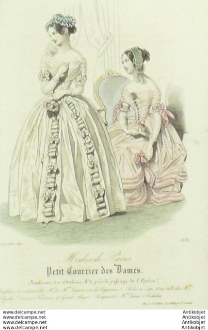 Gravure Mode Courrier des Dames 1842 # 1882 (eau forte old Fashion plate)