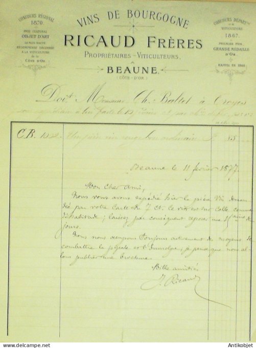 Facture Ricaud frères (vins de Bourgogne) 1877 Beaune (21)