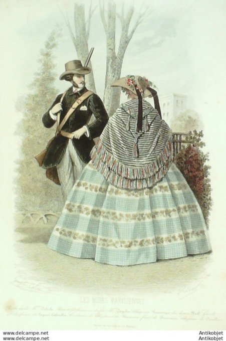 Gravure Les Modes Parisiennes 1857 # 759 Habit de chasse homme Maison Delisle