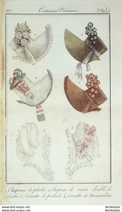Costume Parisien 1817 # 1694 cornette de perkale et mousseline