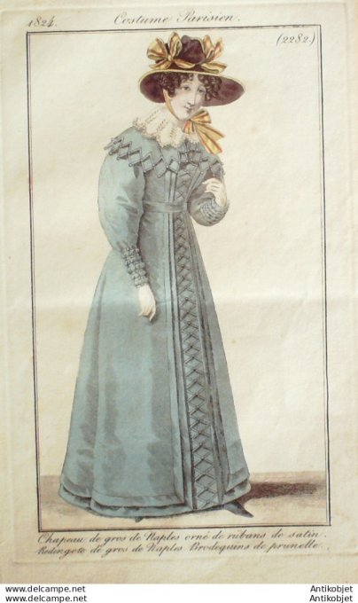 Gravure de mode Costume Parisien 1824 n°2282 Redingote gros de Naples