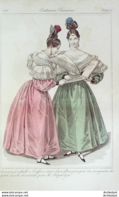 Gravure de mode Costume Parisien 1831 n°2927 Canezou à schall coiffure ornée