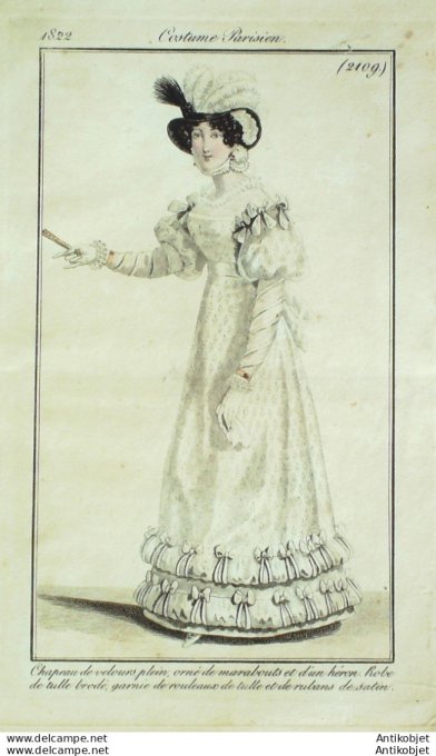 Gravure de mode Costume Parisien 1822 n°2109 Robe tulle brodé rouleaux