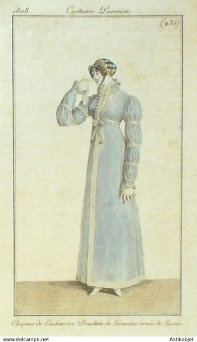 Costume Parisien 1808 # 935 (eau forte) Douillette Lavantine & liserets