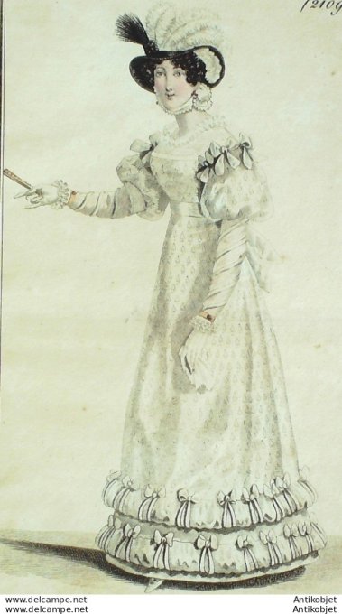 Gravure de mode Costume Parisien 1822 n°2109 Robe tulle brodé rouleaux