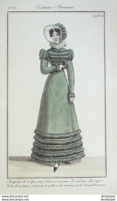 Gravure de mode Costume Parisien 1821 n°1980 Robe Mérinos & brandebourgs