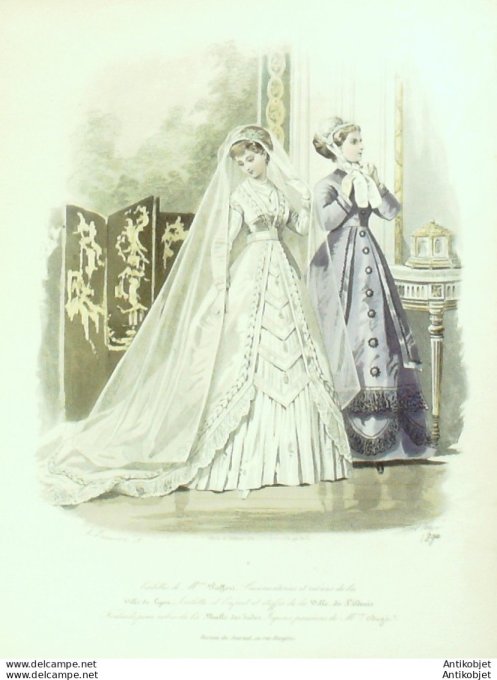 Gravure Les Modes Parisiennes 1865 #1290 Robe de mariée Maison Pieffort