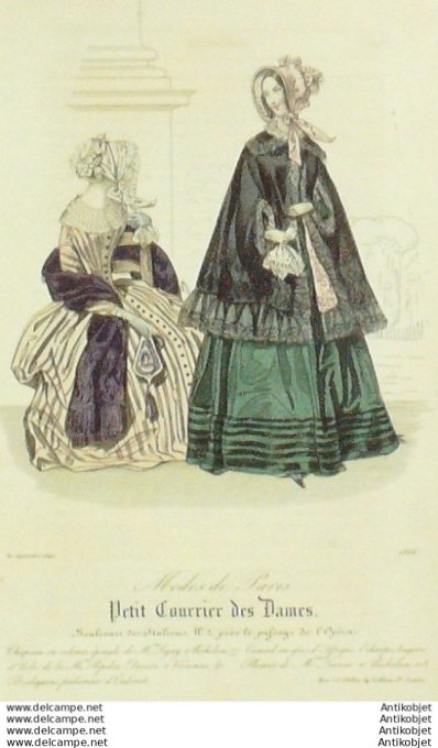 Gravure Mode Courrier des Dames 1842 # 1866 (eau forte old Fashion plate)